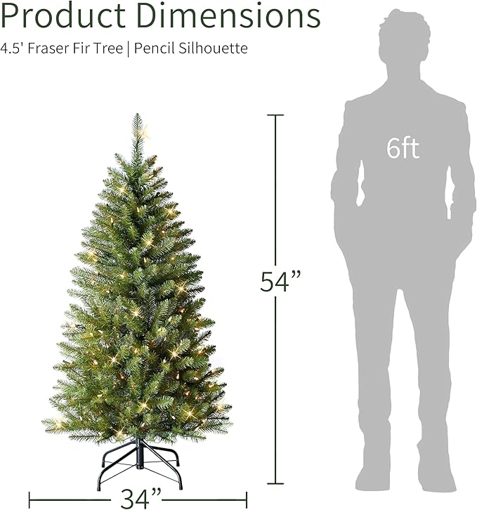 Puleo International 4.5ft Pre-Lit Slim Fraser Fir Christmas Tree with 401 Clear Lights, 150 Realistic Dense Branch Tips, Easy Setup Artificial Trees with Sturdy Metal Stand