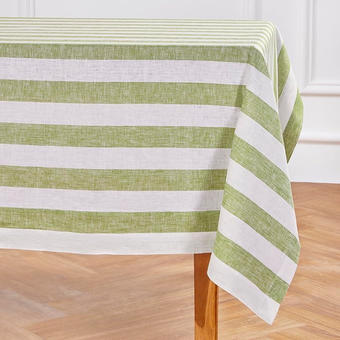 Solino Home Linen Striped Tablecloth 60 x 120 Inch - 100% Pure Linen Green and White Table Cloth for Rectangle Tables - Cabana Stripe, Machine Washable Tablecloth