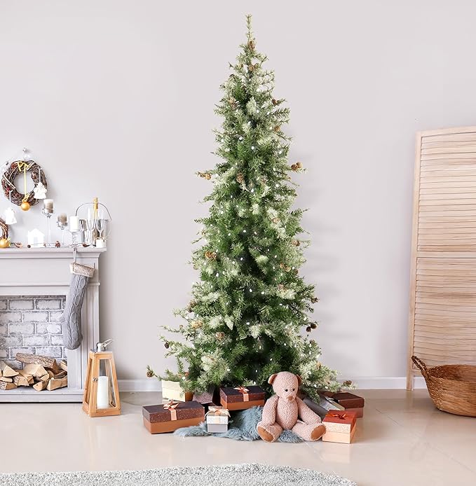 Fraser Hill Farm 9-Ft. Buffalo Fir Slim Artificial Christmas Tree with Dual Multicolor & Warm White LED Lights, Prelit Foldable Fake Tree with Realistic Snowy Foliage and Pinecones for Home