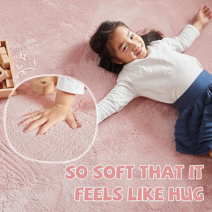 jinchan Solid Plush Area Rug 5x7 Performance Shaggy Washable Rug Indoor Soft Modern Faux Wool Cozy Non Slip Carpet for Living Room Kids Room Bedroom Dining Room Nursery Pink