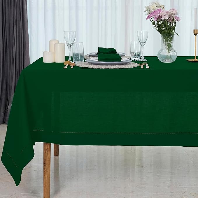 D'Moksha Homes Forest Green Linen Tablecloth for Rectangle Tables 60 x 84 Inch - Classic Hemstitch 100% Pure Linen Green Table Cloth - Machine Washable Dining Tablecloth for Thanksgiving, Christmas