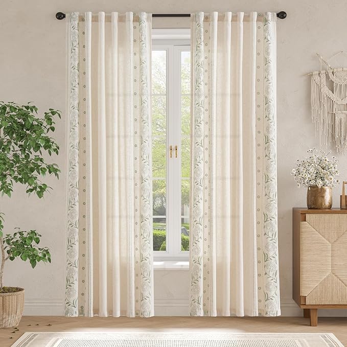 jinchan Winslow Linen Curtains for Bedroom 84 Inches Length Embroidered Bordered Floral Curtains for Living Room Farmhouse Decor Light Filtering Window Treatments Sage on Beige Drapes 2 Panels