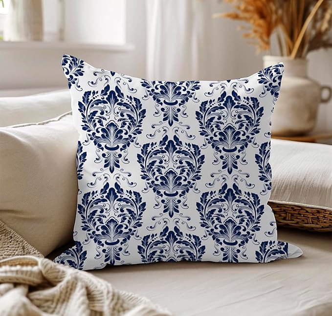 LOVOUS Navy Blue and White Damask Throw Pillow Covers 18x18 Inch Set of 2, Vintage Linen Decorative Pillow Covers for Bed Couch Sofa Bedroom Living Room Home Decor, B16