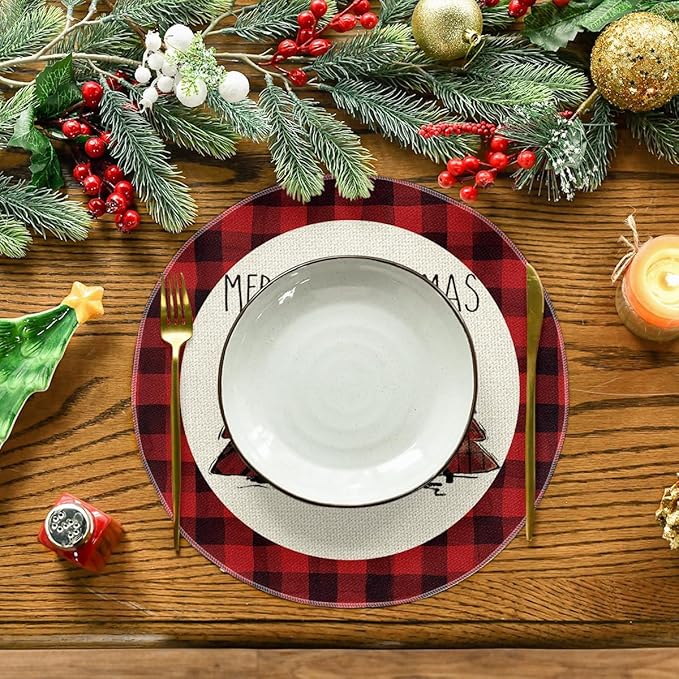 Artoid Mode Watercolor Red and Black Buffalo Plaid Christmas Trees Merry Xmas Round Placemats Set of 6, 14 Inch Winter Round Table Mats for Dining Decoration