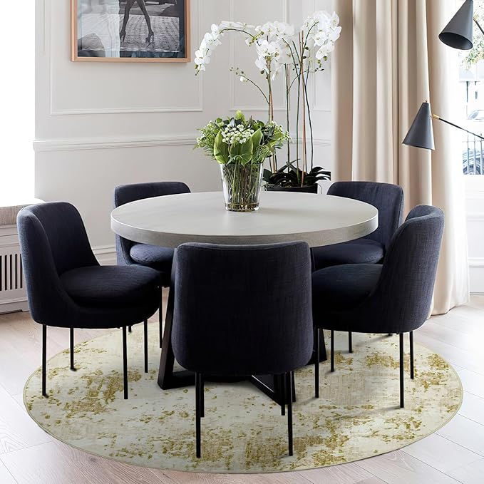 Modern Abstract 6x6 Round Area Rug Non Slip Non Shedding Rug Low Pile Stain Resistant for Bedroom Living Room Office Dining Room,Golden Grey