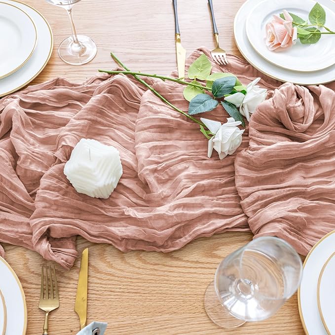 Wokceer Cheesecloth Table Runner Dusty Pink 10FT Boho Gauze Wedding Cheese Cloth Table Runner for Party 120 Inches Long Easter Rustic Sheer Table Runners for Baby Bridal Shower Decor