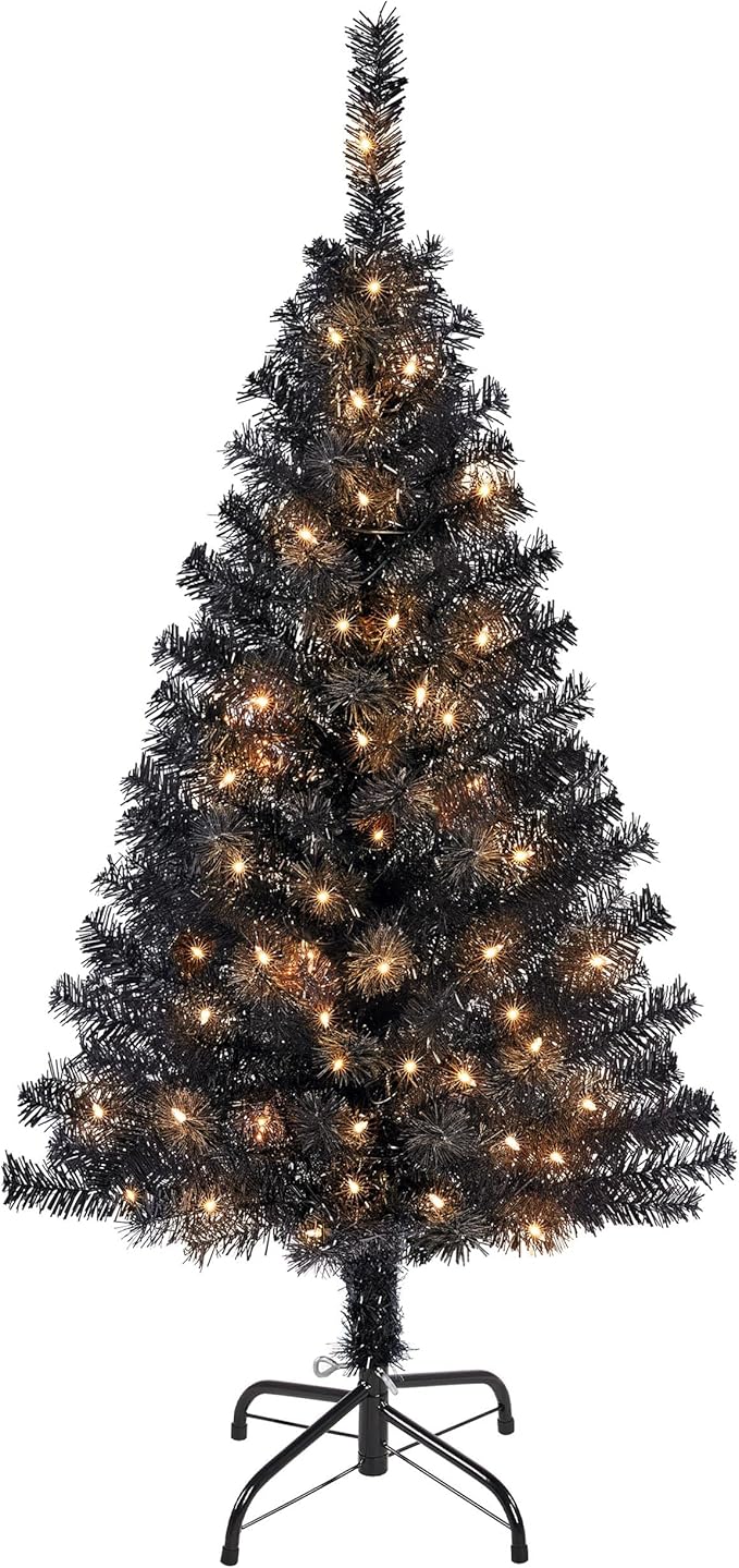 Yaheetech 4ft Pre-lit Halloween Black Spruce Artificial Hinged Christmas Pine Tree Prelighted Xmas Tree for Home Party Holiday Decoration with 70 Clear Warm White Lights and 110 Branch Tips, Black