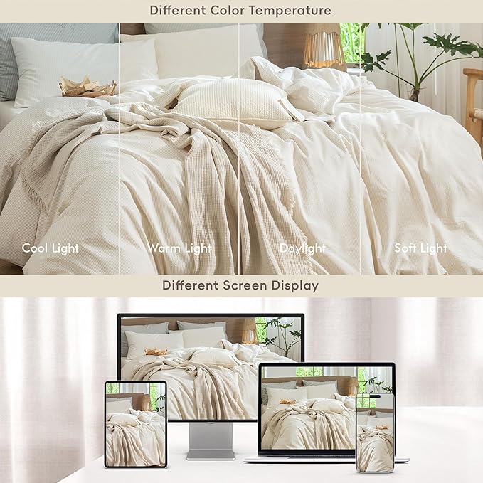 MooMee Striped Duvet Cover Set 100% Washed Cotton Linen Like Textured Breathable Durable Soft Comfy (Almond Milk Grey Pinstripes, Oversized Queen 98"x98")