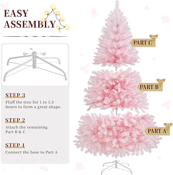 Yaheetech 6ft Pre-lit Artificial Hinged Christmas Tree Prelighted Full Holiday Xmas Tree for Home Party Decoration with 300 Warm White Lights & 818 Branch Tips, Foldable Metal Stand, Pink