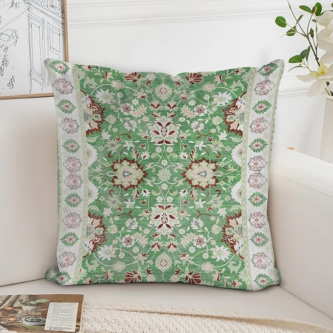 Boho Floral Throw Pillow Covers 16x16 inch Set of 2,Green Boho Rug Geometric Floral Pattern Decor Double Sided Pattern Cushion Cover Soft Pillow Case Living Sofa Room Bed Square Pillow Cover