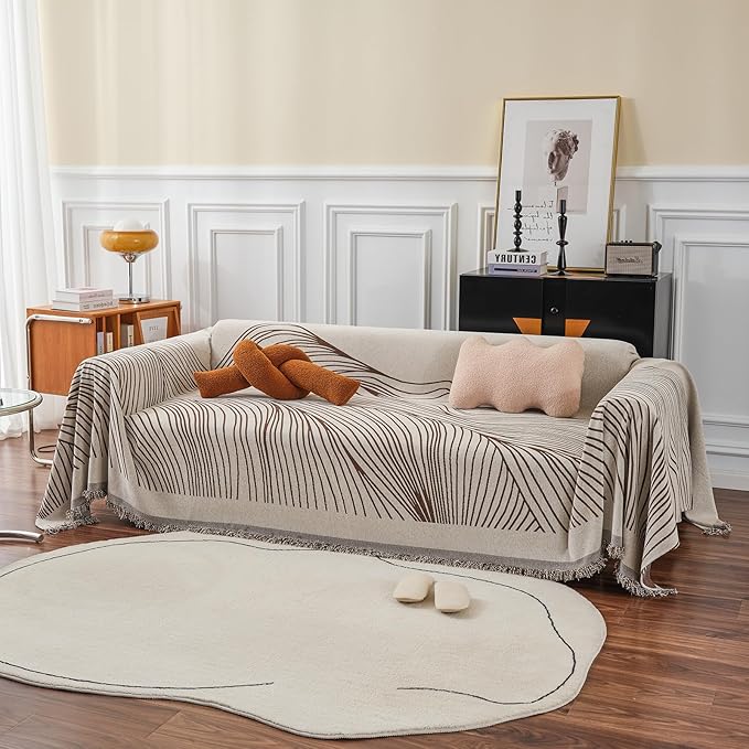 VClife Large Sofa Cover Chenille Couch Cover for 2 Cushion Couch Sofa, Modern Beige Chocolate Striped Couch Covers for Kids Washable Sectional Sofa Protector with Tassel 71"X118"