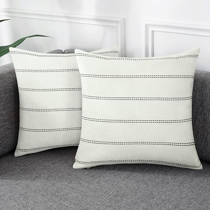 AmHoo Pack of 2 Farmhouse Stripe Check Throw Pillow Covers Set Case Cotton Linen Decorative Pillowcases Cushion Cover for Couch Bench Sofa 26x26Inch Cream