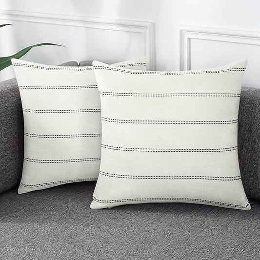 AmHoo Pack of 2 Farmhouse Stripe Check Throw Pillow Covers Set Case Cotton Linen Decorative Pillowcases Cushion Cover for Couch Bench Sofa 26x26Inch Cream
