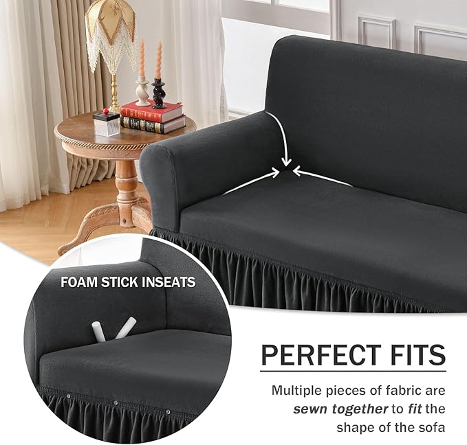 NICEEC Sofa Cover Thick Plush 1-Piece Warm Grey Sofa Slipcover for Sofas Stretch Fluffy Couch Covers for Living Room Easy Fit Washable Soft Furniture Sofa Protector with Skirt