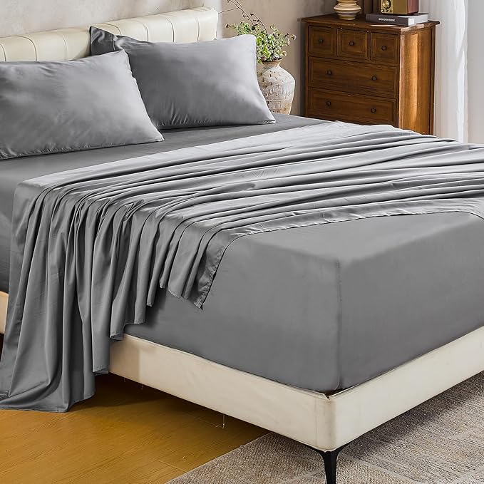 MEISHANG Extra Deep Pocket Cotton Sheets Queen Size - 100% Egyptian Cotton 1000 Thread Count - Fits 18"-24" in Deep Mattress,Oeko-Tex Certified, Soft & Breathable - 4 Piece (Queen, Silver Grey)