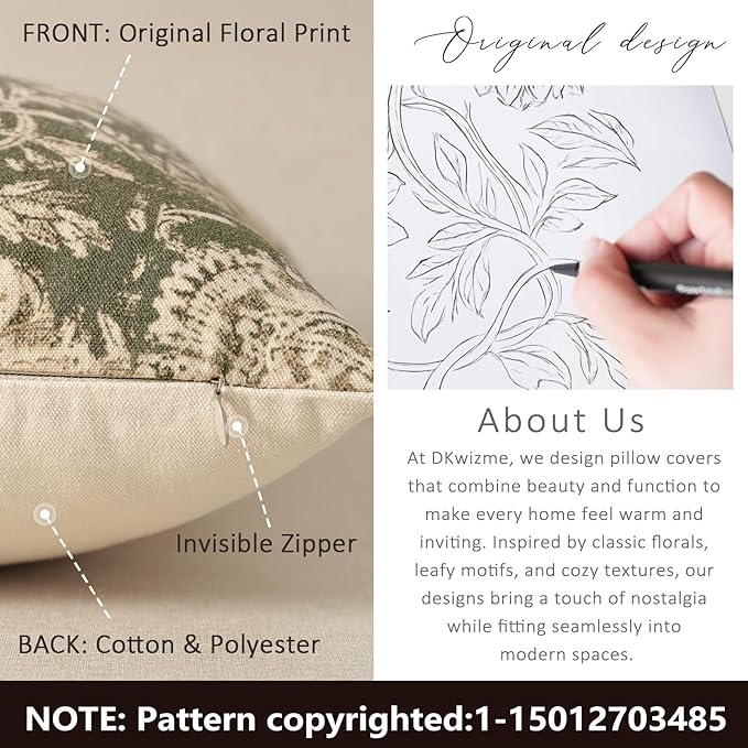 Vintage Floral Print Throw Pillow Covers 16x16 Set of 2 Neutral Modern Farmhouse Accent Decorative Cushion Covers Boho Home Decor for Couch Sofa Chair Bed Living Room, Olive Green