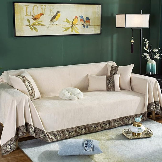 DREAMINGO Beige Couch Cover - Damask Jacquard Edge, Solid Color Modern Texture Sofa Covers for 2 Cushion Couch, Thick Chenille Sofa Slipcovers for Dogs Cats Washable, Large 71"x118"