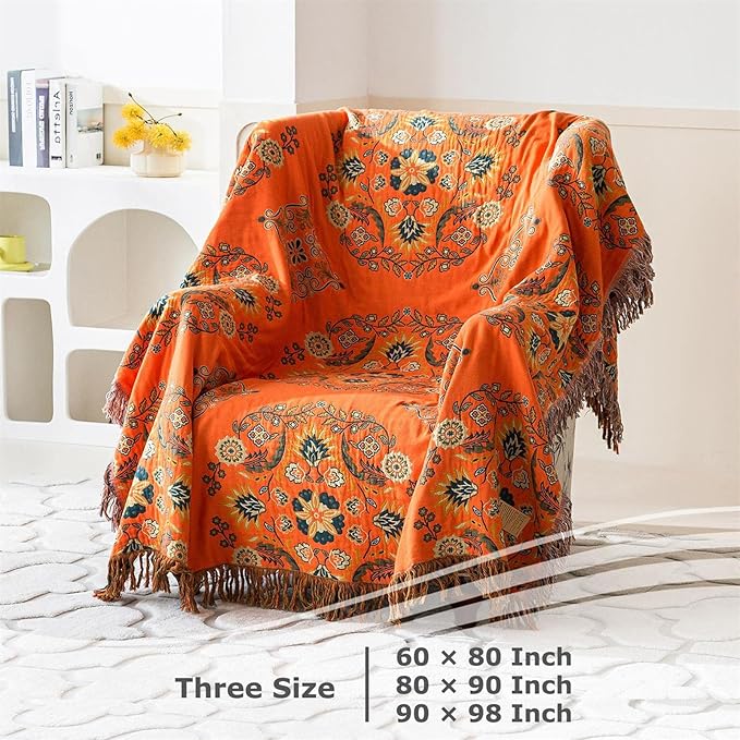Boho Throw Blanket for Bed 100% Cotton Ultra Soft Rustic Quilt Floral Printed Farmhouse Decor Fall Bed Blankets,60"×80" All Season Rustic Large Throw for Sofa Couch Chair