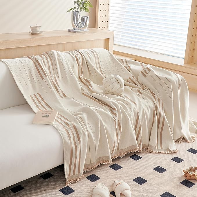 DREAMINGO Couch Cover Washable Chenille Sofa Protector for Pet Kids Beige Coffee Loveseat Couch Covers for 2 Cushion Couch Stripe Jacquard Versatile Sofa Throw Slipcover for Futon Couch, 71"x102"