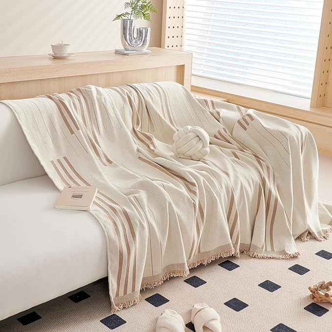 DREAMINGO Couch Cover Reversible Chenille Furniture Protector Sofa Covers for Dogs Pets Beige Coffee Couch Cover for 3 Cushion Couch Sofa Vertical Stripe Jacquard Sofa Slipcover Sectional, 71"x150"