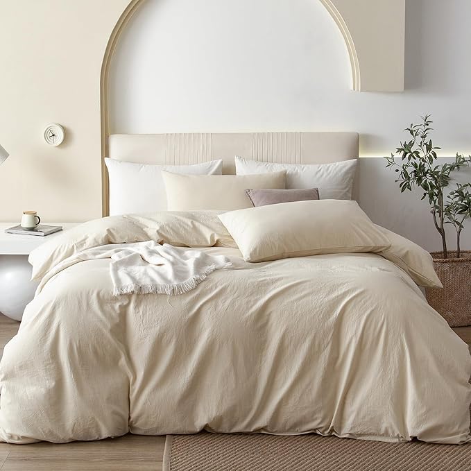 JIYUAN 100% Washed Cotton Duvet Cover Set 3 Pieces Oversized King, 1 Duvet Cover 120x98 Inches(Comforter Not Included) and 2 Pillowcases,Linen Feel Bedding Set Comfy and Breathable,Heathered Beige