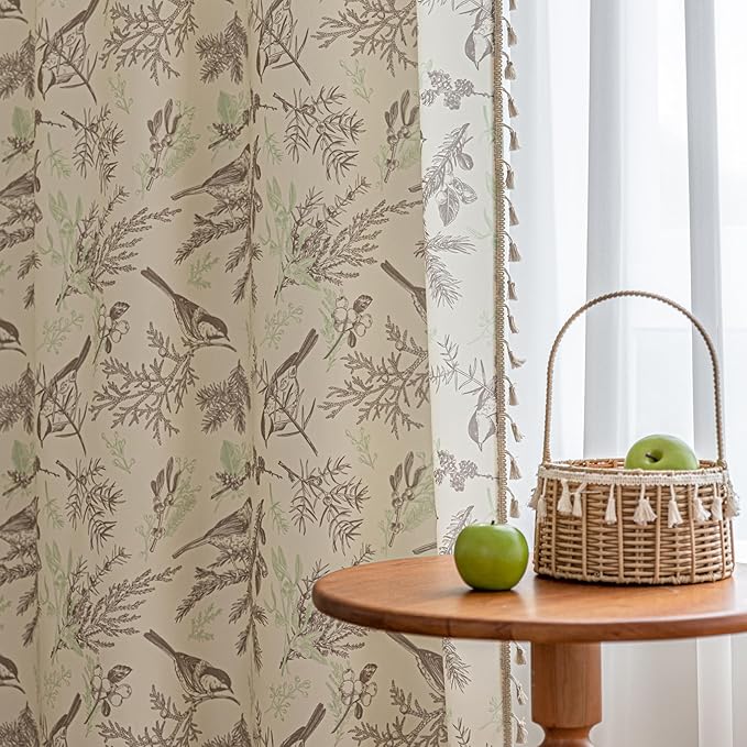 Boho Floral Curtains French Country Farmhouse Curtains 54 Inches Long Light Filtering Window Rod Pocket Drapes for Living Room 2 Panels-Beige Birds