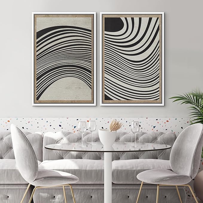 SIGNWIN Framed Canvas Print Wall Art Set Mid-Century Spiral Wave Collage Abstract Shapes Cozy Neutral Minimal Decorative Nordic Zen Bohemian for Living Room, Bedroom, Office - 24"x36"x2 White