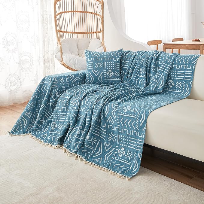 VClife Boho Blue White Couch Cover Plush Soft Chenille Couch Cover for 3-4 Cushion Couch Sofa, 1 PC Washable Breathable Bohemian Sofa Cover for Sectional Couch Thick Furniture Protector 71" x 150"