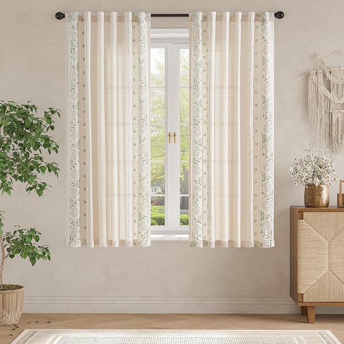 jinchan Winslow Linen Curtains for Bedroom 63 Inches Length Embroidered Bordered Floral Curtains for Living Room Farmhouse Decor Light Filtering Window Treatments Sage on Beige Drapes 2 Panels