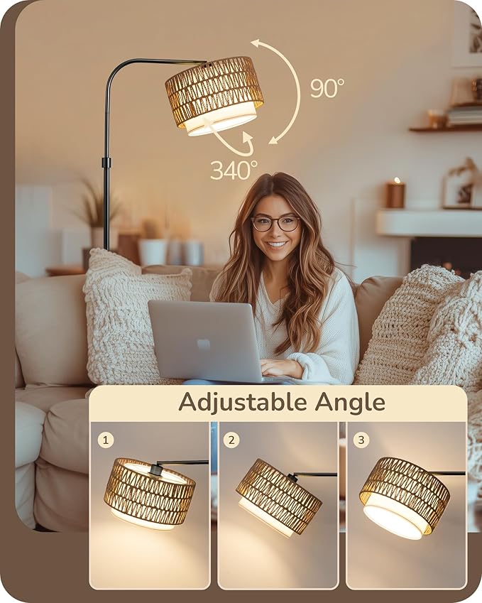 EDISHINE Arc Floor Lamps for Living Room Rattan Boho Floor Lamp with Remote Control,Dimmable Standing Lamp Wicker Lamp Shades Black Standing Lamp with 5 Color Temperature Tall Floor Lamps for Bedroom