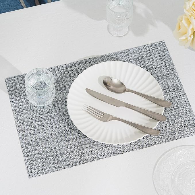 BACKTOEDEN Placemats Set of 6 Heat Resistant Washable Wipeable Placemat Woven Non-Slip Foldable Vinyl/Plastic Place Mats Indoor/Outdoor Mat Kitchen Dining Table Pad, Gray