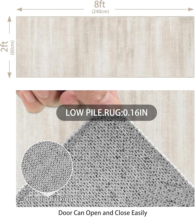 Enkor Runner Rugs for Hallway, 2x8 Washable Soft Non Slip Abstract Rugs for Kitchen, Modern Mat for Entryway Living Room Bedroom Beige & White