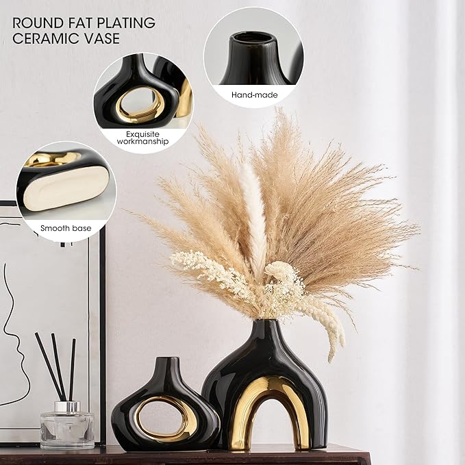 AWNR Black Vase Gold Decor: Set of 2 Ceramic Donut Vase for Home Decor Boho Rustic Vases for Flowers Unique Flower Vase for Living Room Bedroom Mantel Office Shelf Centerpiece Table Decorations