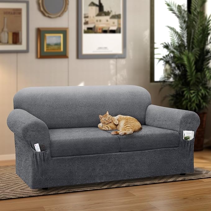 Sofa Slipcover with Armrest Pockets 3-Piece Set, Stretch Faux Leather Couch Cover for 2-Cushion Couches(Fits 72-92") - Non-Slip, Machine Washable, Pet & Kid Friendly - Light Gray