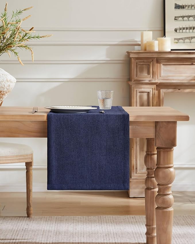 ZeeMart Burlap Style Farmhouse Table Runners 72 Inches Long, Navy Rustic Woven Dining Table Runner for Everyday Use, 14x72 Inches, Navy