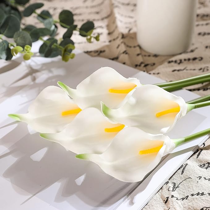 Duovlo 20pcs Calla Lily Bridal Wedding Bouquet Lataex Real Touch Artificial Flower Home Party Decor (White)