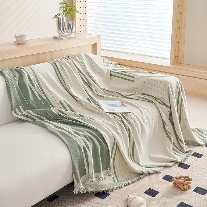 DREAMINGO Couch Cover Reversible Chenille 3 Seat Sofa Covers for Dogs Pets Beige Green Couch Protector for 3 Cushion Couch Sofa Vertical Stripe Jacquard Sofa Slipcover Sectional, 71"x134"
