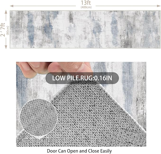 Enkor Runner Rugs for Hallway, 2'7"x13 Washable Soft Non Slip Rugs Abstract for Kitchen, Modern Mat for Entryway Living Room Bedroom Blue & Grey