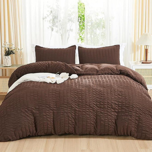 AveLom Brown Duvet Cover King(104 x 90 inches), 3 Pieces (1 Duvet Cover, 2 Pillow Cases), Seersucker Striped Soft Washed Microfiber Textured Duvet Cover Set with Zipper Closure, Corner Ties