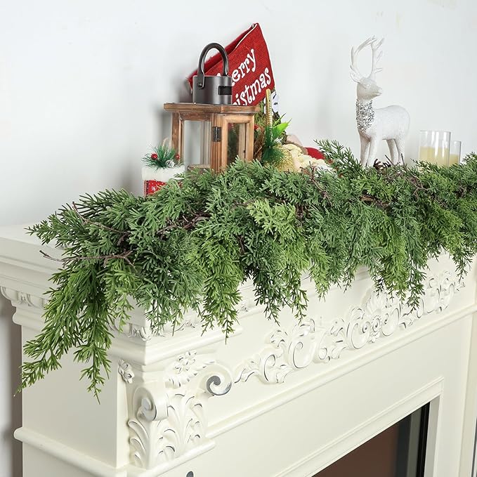 Artgar 9 Ft Christmas Cedar Garland - Realistic Greenery Cypress Garlands - Real Touch Artificial Pine Garland Christmas Decorations for Outdoor Home Dining Table Mantel Stair Porch Winter Xmas Decor