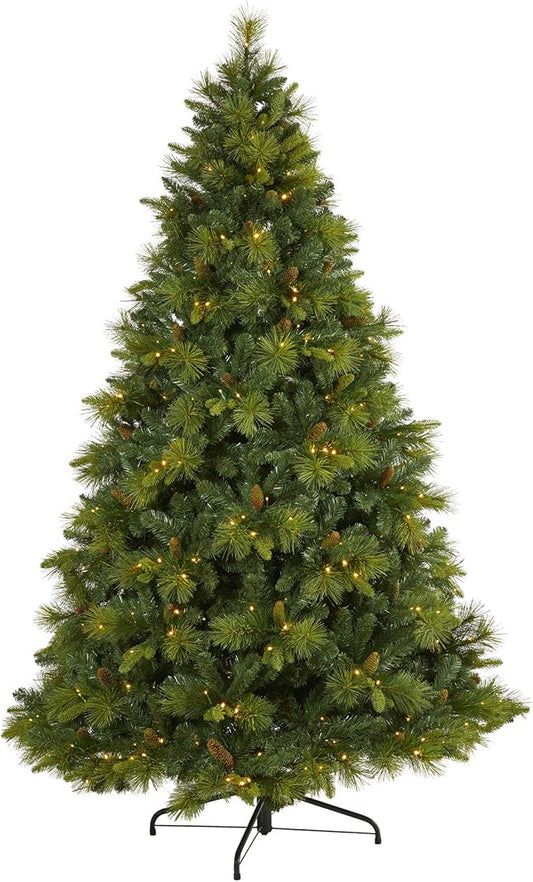 Nearly Natural 7.5ft. North Carolina Mixed Pine Artificial Christmas Tree with 470 Warm White LED Lights, 1895 Bendable Branches and Pinecones