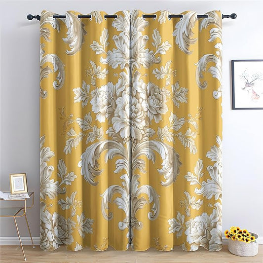 Baroque Damask Curtains, Ethnic Floral Renaissance Window Curtains, Victorian Yellow Blackout Curtains for Bedroom Living Room Home Decor, Patterned Grommet Drapes 72 Inch Length 2 Panels Set