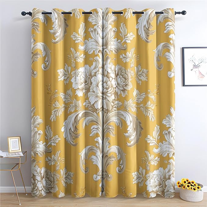 Baroque Damask Curtains, Ethnic Floral Renaissance Window Curtains, Victorian Yellow Blackout Curtains for Bedroom Living Room Home Decor, Patterned Grommet Drapes 54 Inch Length 2 Panels Set