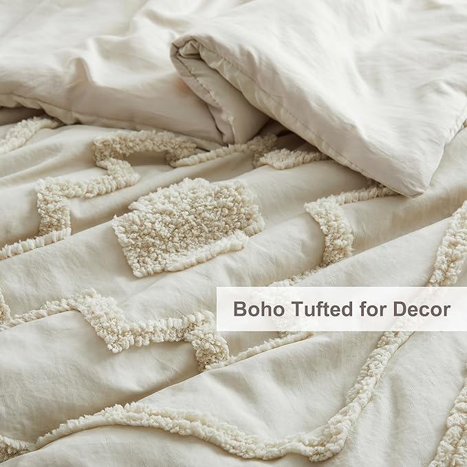 Oli Anderson Boho Tufted Comforter Set King Size, 3 Pcs Soft Jacquard Bedding Set for All Seasons, Shabby Chic Farmhouse Bedding Set with Comforters for All Seasons (Beige, King)