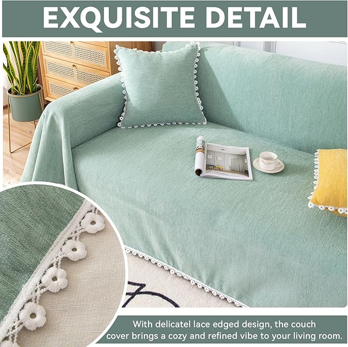 VClife Couch Cover Farmhouse Chic Sage Green Couch Covers for 3 Cushion Couch Sofa - Washable Chenille Sofa Cover for Living Room Office RV Bedroom (71"X150") Gift for Christmas Thanksgiving Birthday