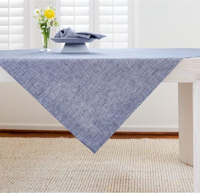 Solino Home Linen Cloth Tablecloth 52 x 52 Inch - 100% Pure Linen Chambray Indigo Square Tablecloth - Athena, Machine Washable Table Throw for Christmas