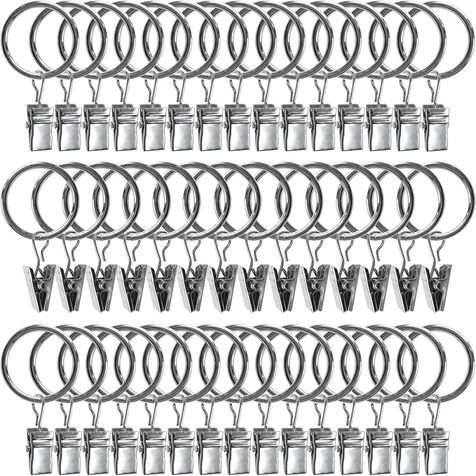 44 Pack Metal Curtain Rings with Clips, Drapery Clips with Rings, Drapes Rings 1 inch Inner Diameter, Fits Diameter 5/8 inch Curtain Rods, Silver