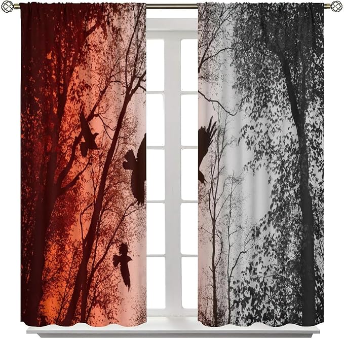 Gothic Halloween Forest Blackout Window Curtains, Scary Crow Forest Gothic Theme Window Treatments Drapes, for Bedroom Living Room 21(W)*63(L) 2 Panels