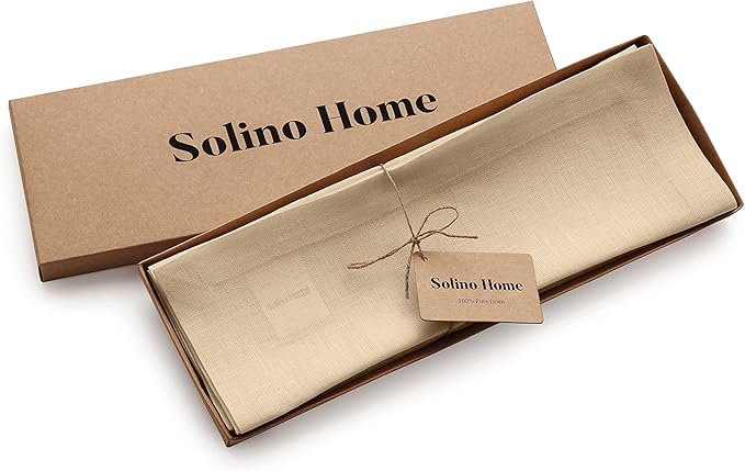 Solino Home Linen Beige Placemats Set of 4 - 100% Pure Linen Placemats 14 x 19 Inch for Christmas, New Year - Fete