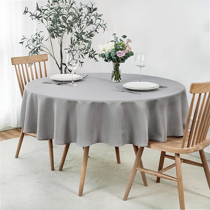 maxmill Round Weaved Texture Design Tablecloth Spill-Proof Wrinkle Free Soft Washable Table Cloth for Circular Table Cover, for Dining Room Buffet Banquet Parties Holiday Dinner, 70 Inch Light Grey